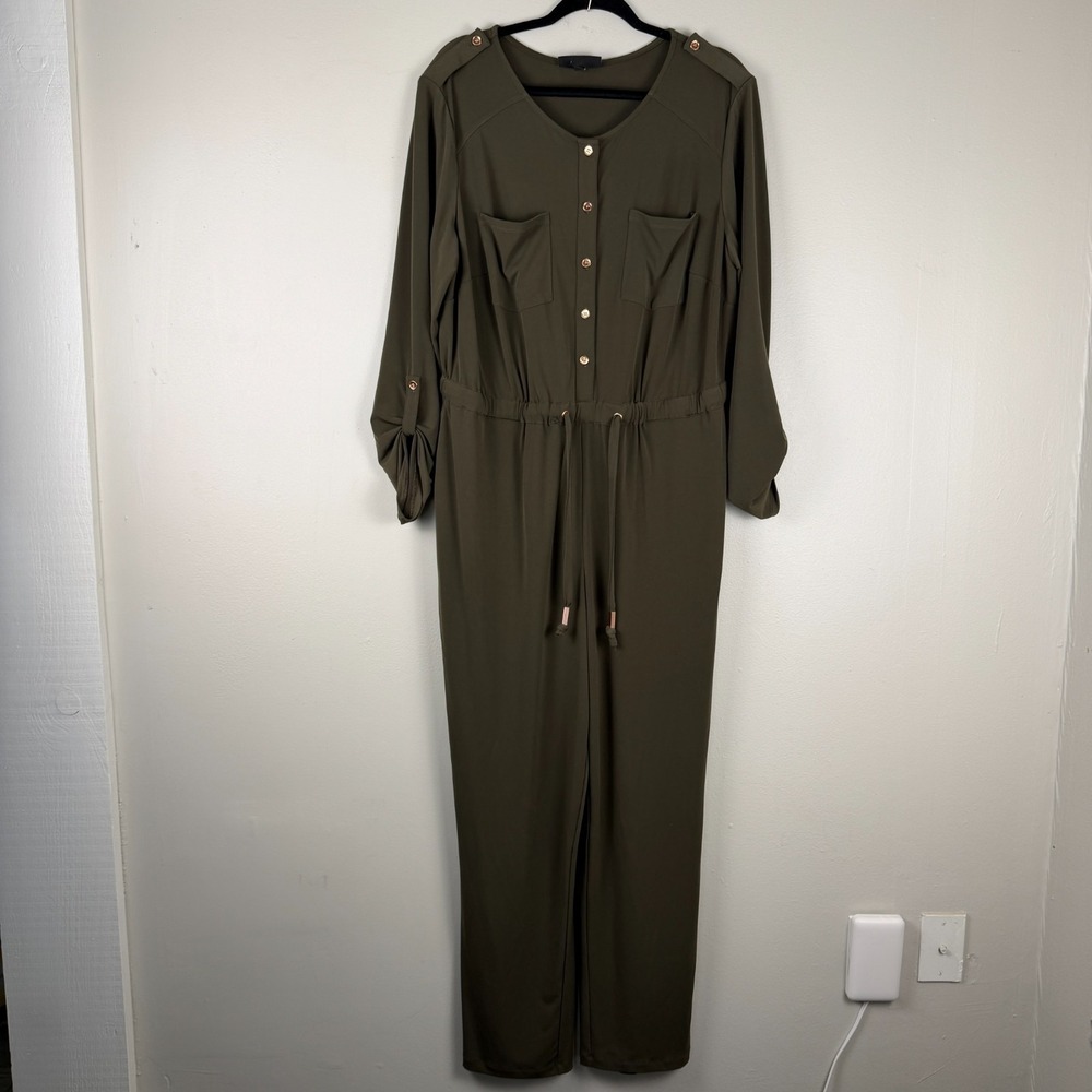 Lane Bryant Jumpsuit Women 14 Green Drawstring Waist Button Front Stretch Career